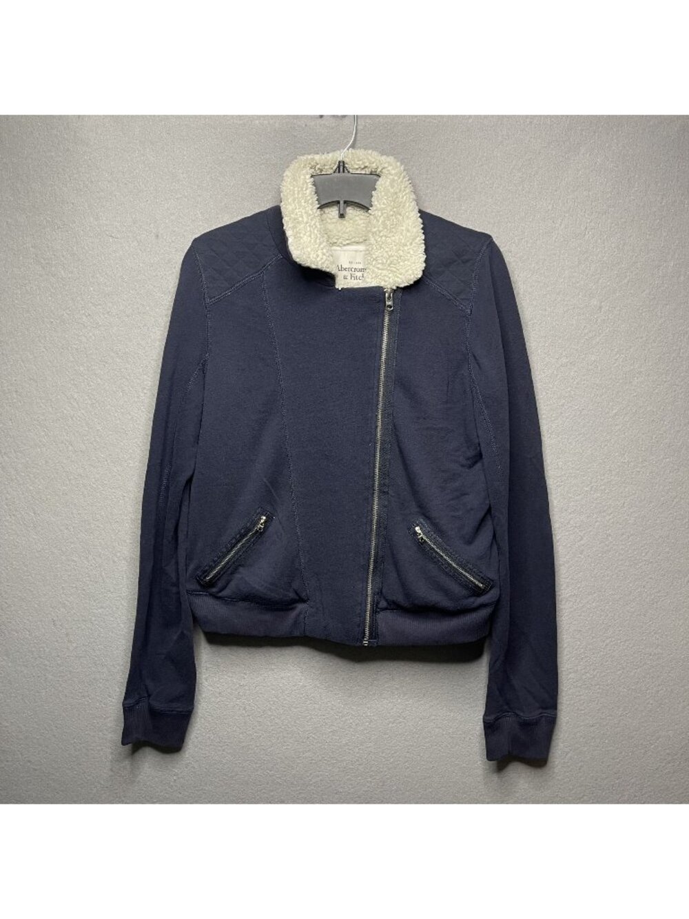 Abercrombie & Fitch Moto Jacket Womens L Navy Sherpa Collar Zip Front Cotton